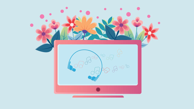 Monitor with headphones and music notes, spring flowers and music