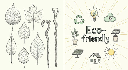 Eco-friendly icons and leaves illustration, for banner or poster, sustainable living symbols, isolated on transparent background, png