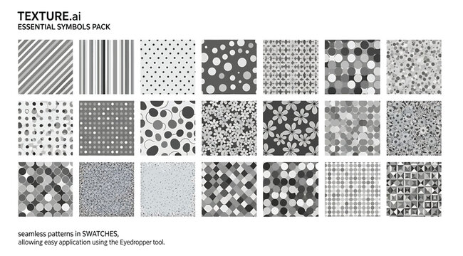 "Grid of twenty black and white texture patterns featuring lines, dots, geometric and abstract designs, seamless graphic pack for digital artwork, Photoshop projects, and creative design applications"