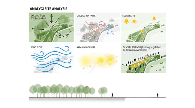 "Comprehensive site analysis diagram illustrating topography, movement paths, sun and wind directions, summer heat exposure, and vegetation with cross-sectional shading effects for landscape architect