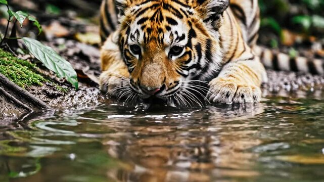 Close-up of a young tiger drinking water from a natural stream in a lush green forest with its reflection visible in the water creating a serene and wild atmosphere