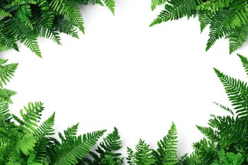 Lush green ferns frame a blank white space, creating a natural border