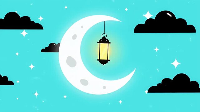 Ramadan crescent moon with hanging lantern in turquoise night sky with clouds