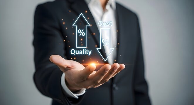 Increase quality and decrease cost strategy for business growth and success concept image