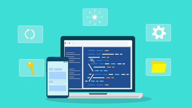 Flat illustration of programming workspace with laptop displaying code editor, mobile interface screen, and system icons representing software development and digital workflow.
