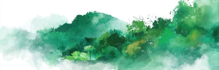 An abstract painting depicts a watercolor landscape of layered green mountains
