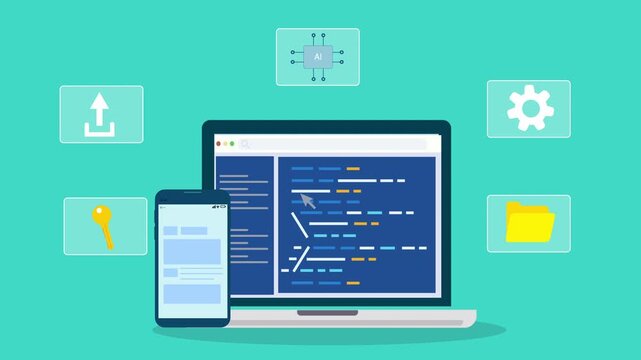Flat illustration of software development workspace with laptop showing code editor, mobile interface, and processing system icons representing programming and digital technology workflow.
