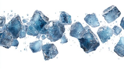 Floating, translucent blue ice chunks against a pure white background. Frozen water