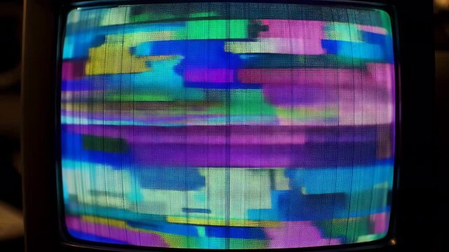 Abstract distortion of digital noise and datamoshing with colorful glitch effects and CRT texture.