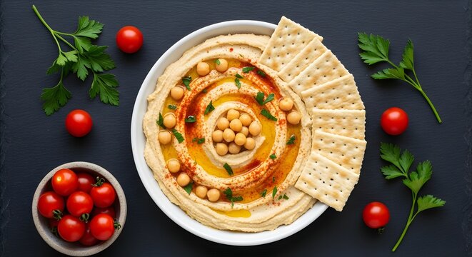 Delicious Hummus with Crackers and Fresh Cherry Tomatoes Ready to Eat as a Snack