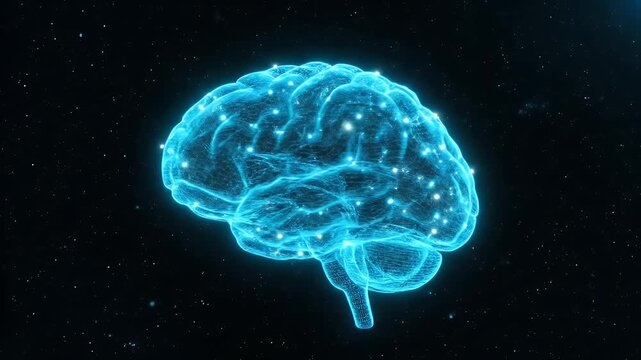 Glowing digital brain hologram symbolizing future science and technology concepts