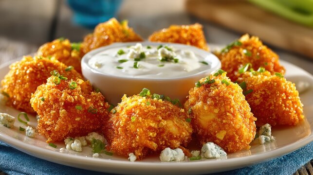 Crispy buffalo cauliflower bites with creamy dipping sauce garnished with chives
