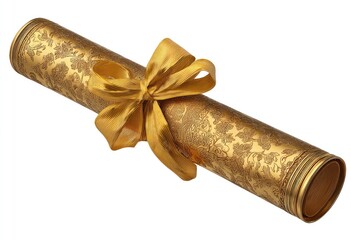 A golden scroll, ornate floral design, tied with a matching ribbon, isolated on white