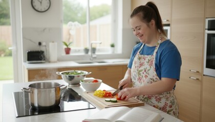 Young caucasian female cooking in modern kitchen, smiling and chopping vegetables. World Down Syndrome Day