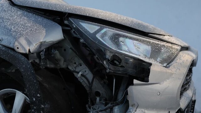 Close up of damaged car after collision broken parts exposed wires and destroyed engine visible inside vehicle front section dramatic accident aftermath scene with raw mechanical detail
