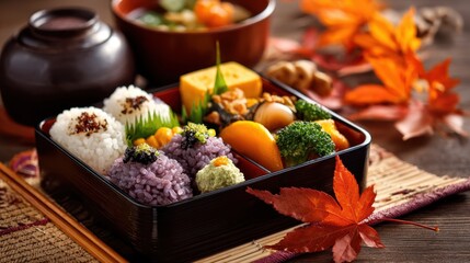 Autumn-inspired japanese bento box with colorful seasonal ingredients, Labor Thanksgiving Day