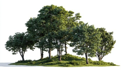 Group of trees with lush green foliage atop a small grassy hill, isolated on white