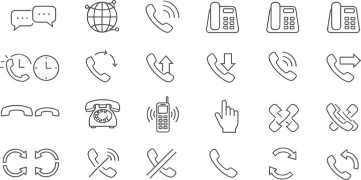 Large set of telephone and communication line icons featuring handsets, rotary phones, call center headsets, mobile devices, and global contact symbols for customer service support.