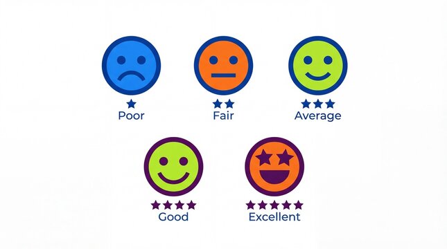 Customer satisfaction rating icons with smiling faces and star ratings