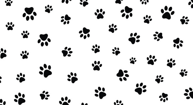 Seamless animal paw print vector pattern with black dog and cat tracks for pet shop backgrounds, veterinary clinic branding, and animal rescue posters.