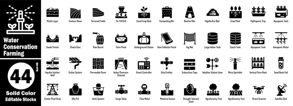 Water conservation farming icons. Collection of Irrigation and agriculture set of modern solid black symbols and pictograms for smart farming concepts vector illustration.