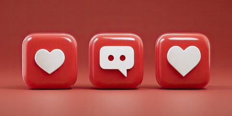 Three glossy red social media icons with white symbols a heart, chat bubble, and heart