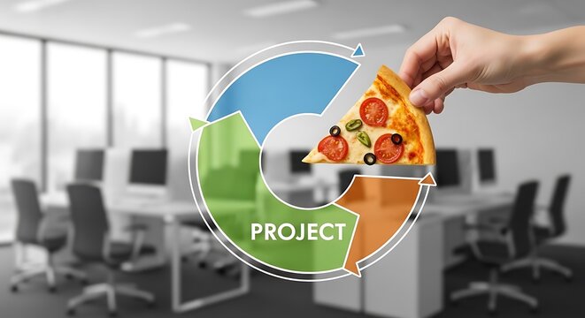 Business project management cycle diagram illustrating resource allocation and team motivation using a metaphoric slice of savory tomato and olive pizza reward