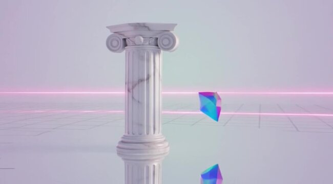 Floating marble column fragment and iridescent crystal jewel reflected on a luminous pastel grid plane
