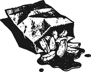 Open bag of spilled potato chips with crumbs and liquid drops illustration