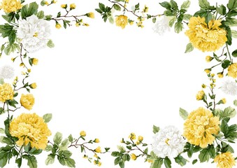 Obraz premium Floral frame features yellow and white blooms with green leaves on a white background