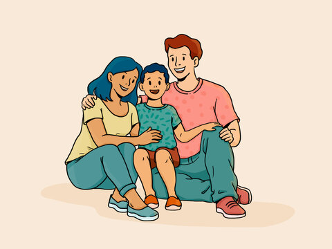Happy family parents and child sitting together smiling