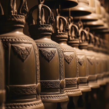 Row of intricately designed ceremonial bronze bells in a temple setting
