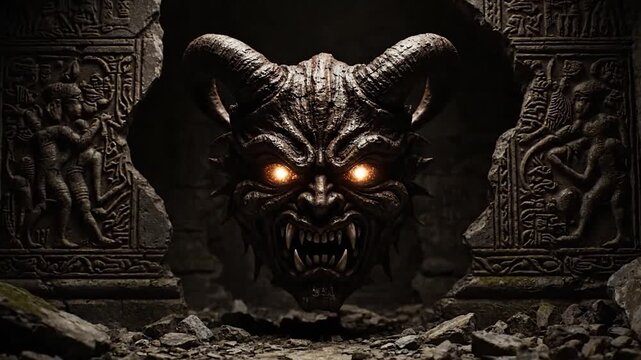 A demonic, horned head with glowing eyes emerges from a ruined stone structure, with ancient carvings