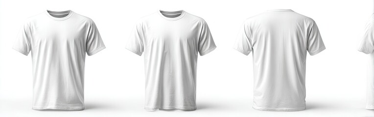 Three white t-shirts displayed; front, front-on, and back views. Soft fabric appears