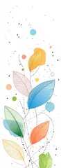Illustration depicts colorful leaves on delicate stems with dots and circles against a white background