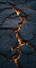 Close-up of cracked earth, molten orange lava glows through fissures. Dramatic contrast