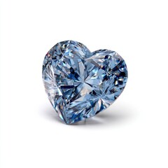 A heart-shaped, light blue gemstone sparkles against a white background, casting a subtle shadow