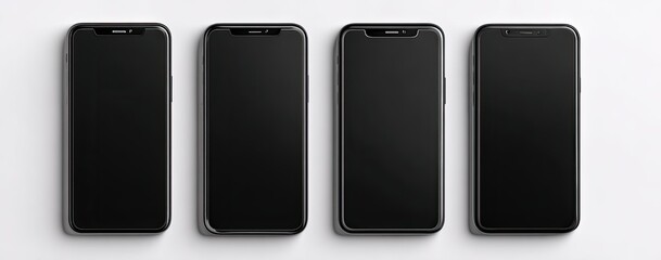 Four black smartphones arranged neatly on a white surface, displays off