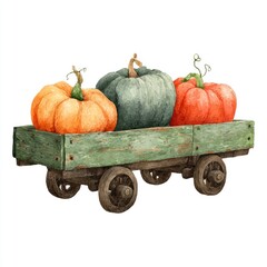 Watercolor of a green wagon carrying three pumpkins, orange, green, and red