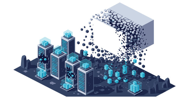 An isometric server farm experiences a catastrophic data collapse, with servers corrupting and a structure disintegrating.
