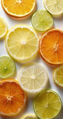 Fototapeta premium Close-up of sliced citrus fruits oranges, lemons, and limes scattered on white
