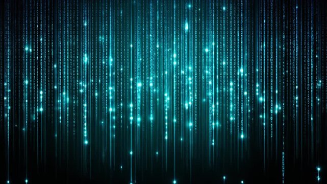 Digital display of binary code strings. Glowing aqua lines of code cascade over a dark background