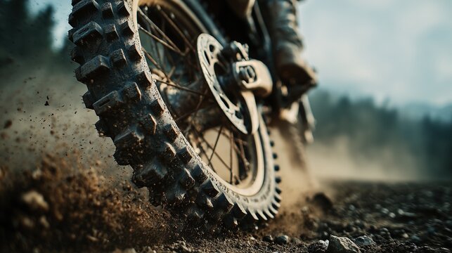 Trials motorcycle front wheel spraying gravel dust over rocky terrain in misty forest closeup