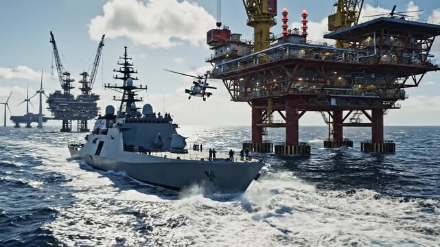 Military Naval Ship and Offshore Oil Rig Platform.