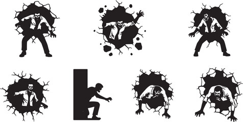 Fototapeta premium Black Solid Zombie Bursting Through Walls Silhouettes Set of Six on White Background
