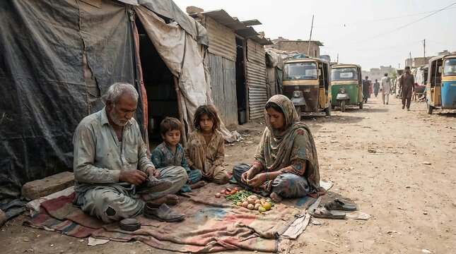 Family enduring hardship sits near makeshift shelter preparing vegetables on dusty roadside street