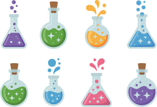 Magic potions and elixir bottles collection vector for fantasy RPG game assets alchemy laboratory concepts and mystical brewing illustrations