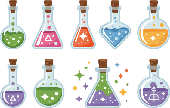 Fantasy magic potions with floating particles vector for RPG game interface mystical brewing icons and colorful elixir bottle illustrations