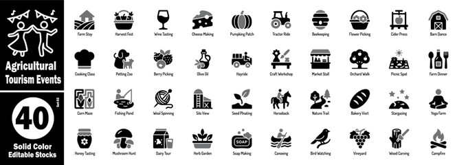 Agricultural tourism events solid color icons. Collection of farm stay, harvest fest, wine tasting, cheese making, pumpkin patch, and tractor ride vector illustration. © Hafiz
