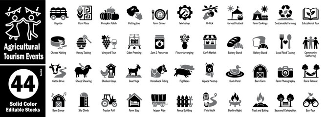 Agricultural tourism events solid color icons.  Featuring hayride, corn maze, pumpkin patch, petting zoo, farm dinner, workshop, and u-pick vector illustration. © Hafiz